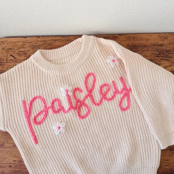Hand Embroidered Sweater - Paisley Name Cream Pink Floral - Picture 5 of 5